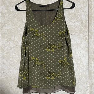 Loalde Olive and White Patterned Silk Tank Top size 6 Lined